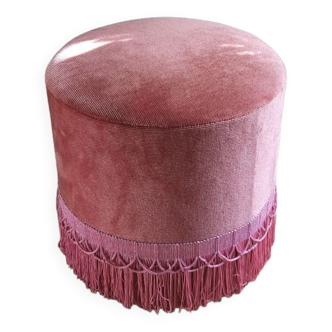 Pink velvet pouf with vintage fringes