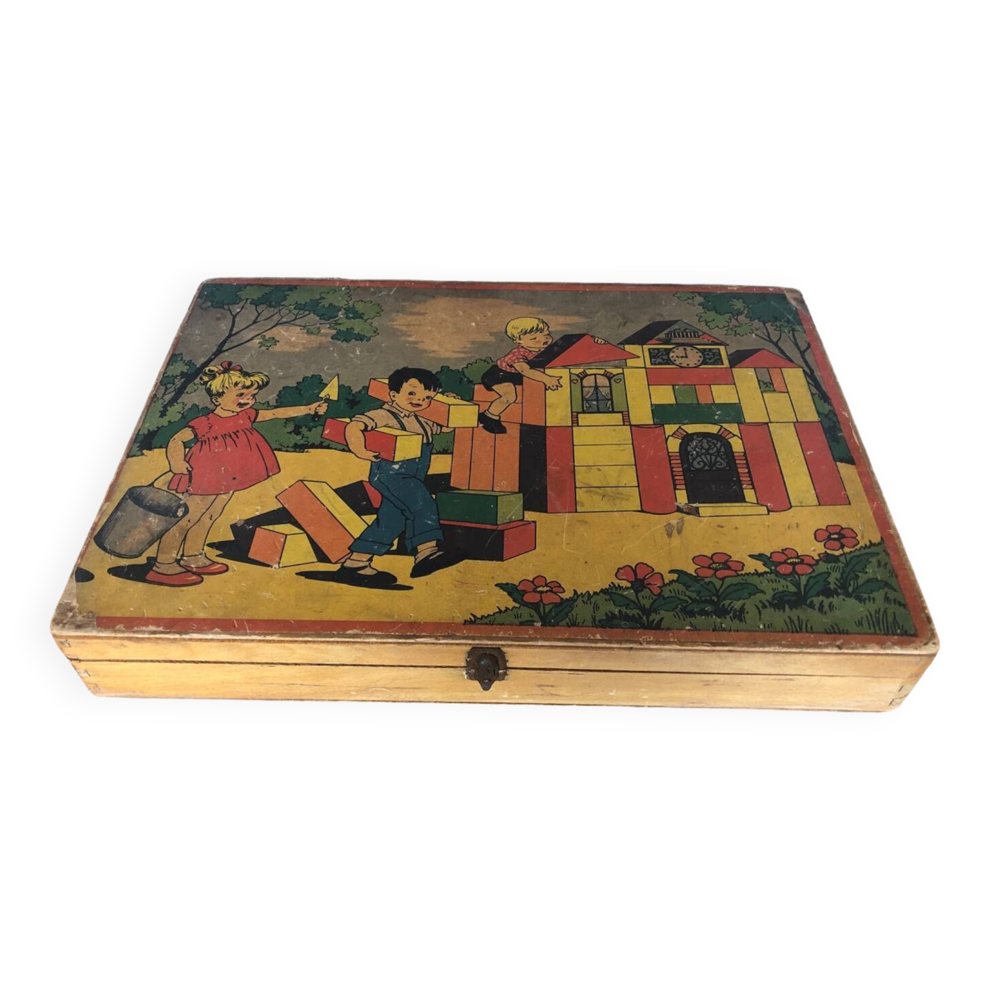 Old Building Set Box Wooden Toys Vintage