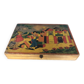 Ancien Jeu De Construction Boîte Jouets en Bois Vintage