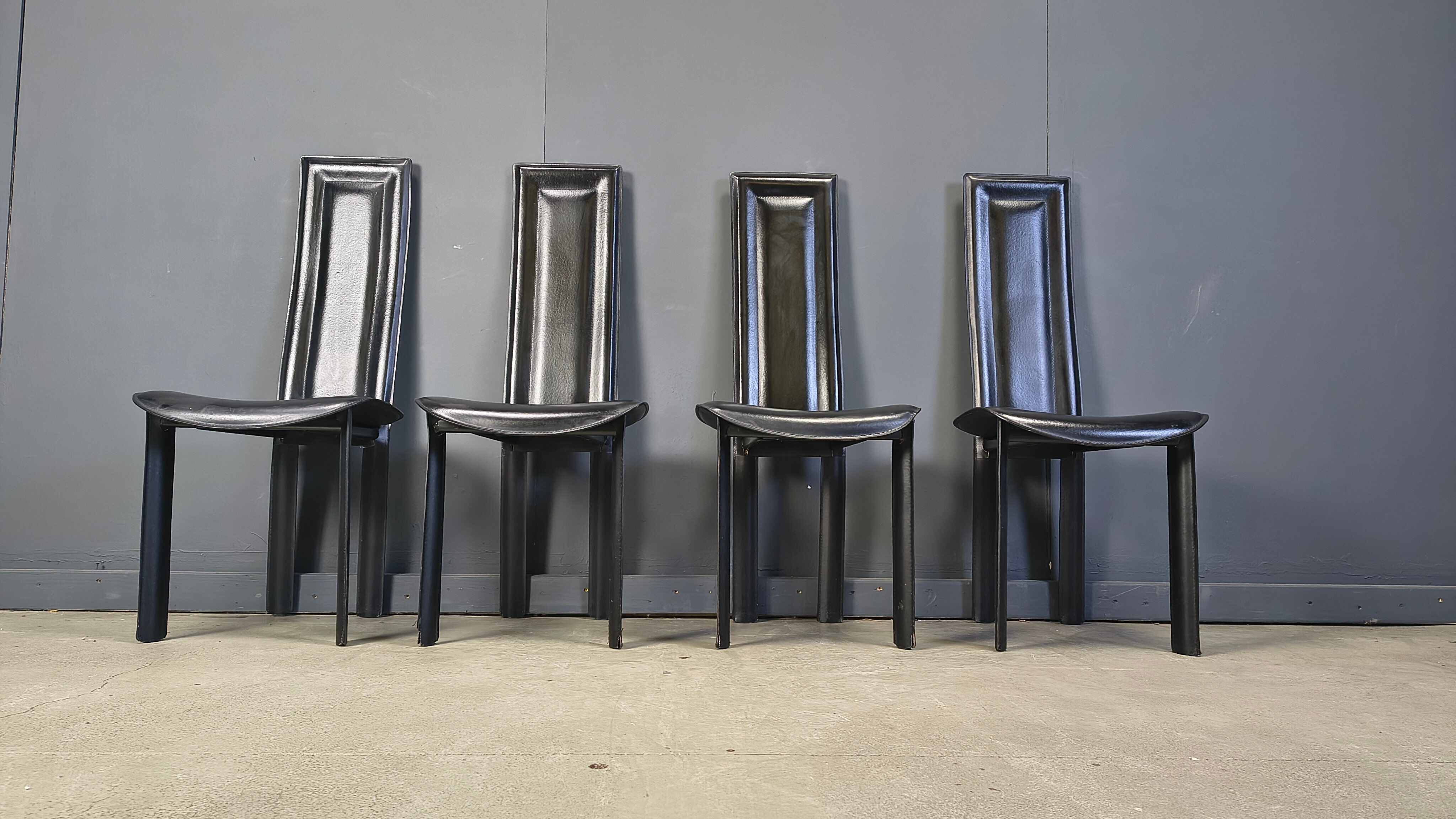 Vintage black leather dining chairs, set of 4, 1980s