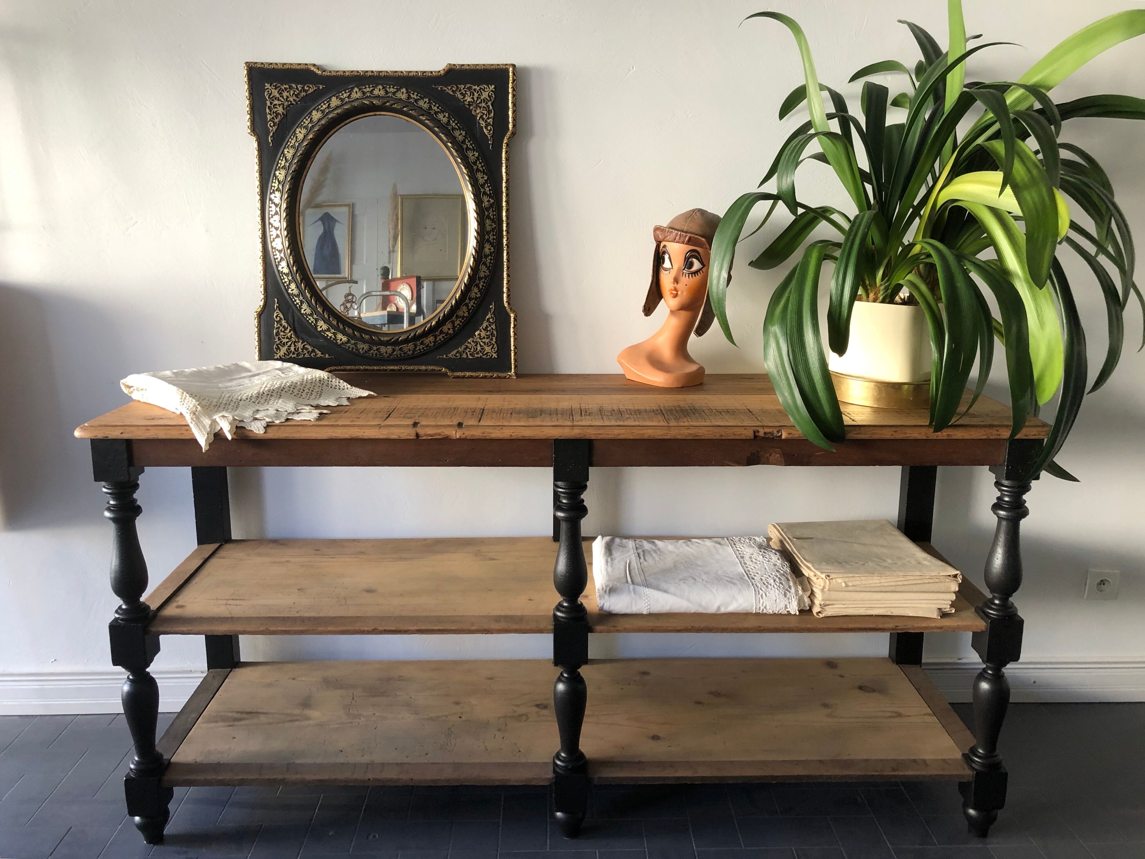 Draper in oak trade counter table / haberdashery