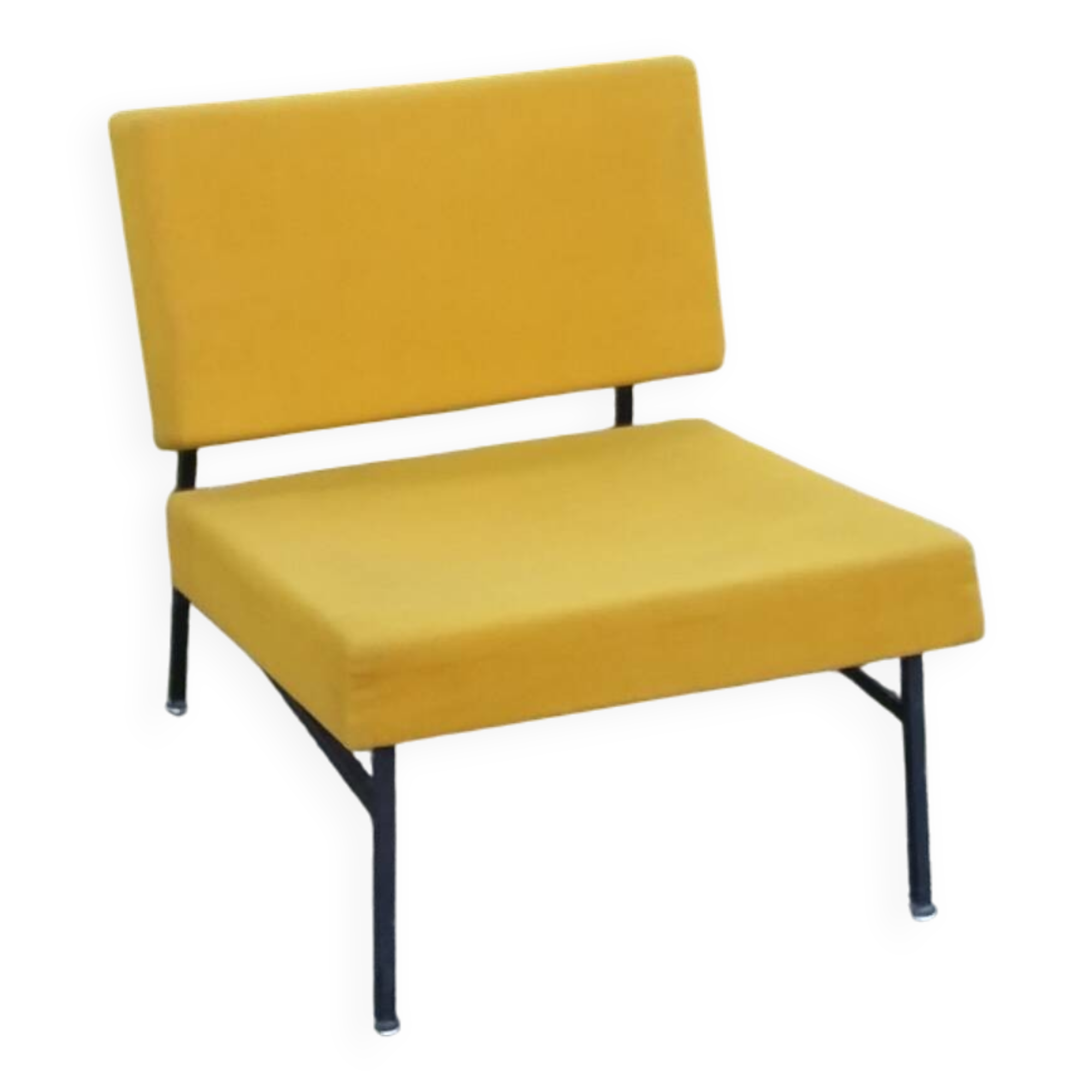 Vintage 50s armchair with black metal base and fabric seats