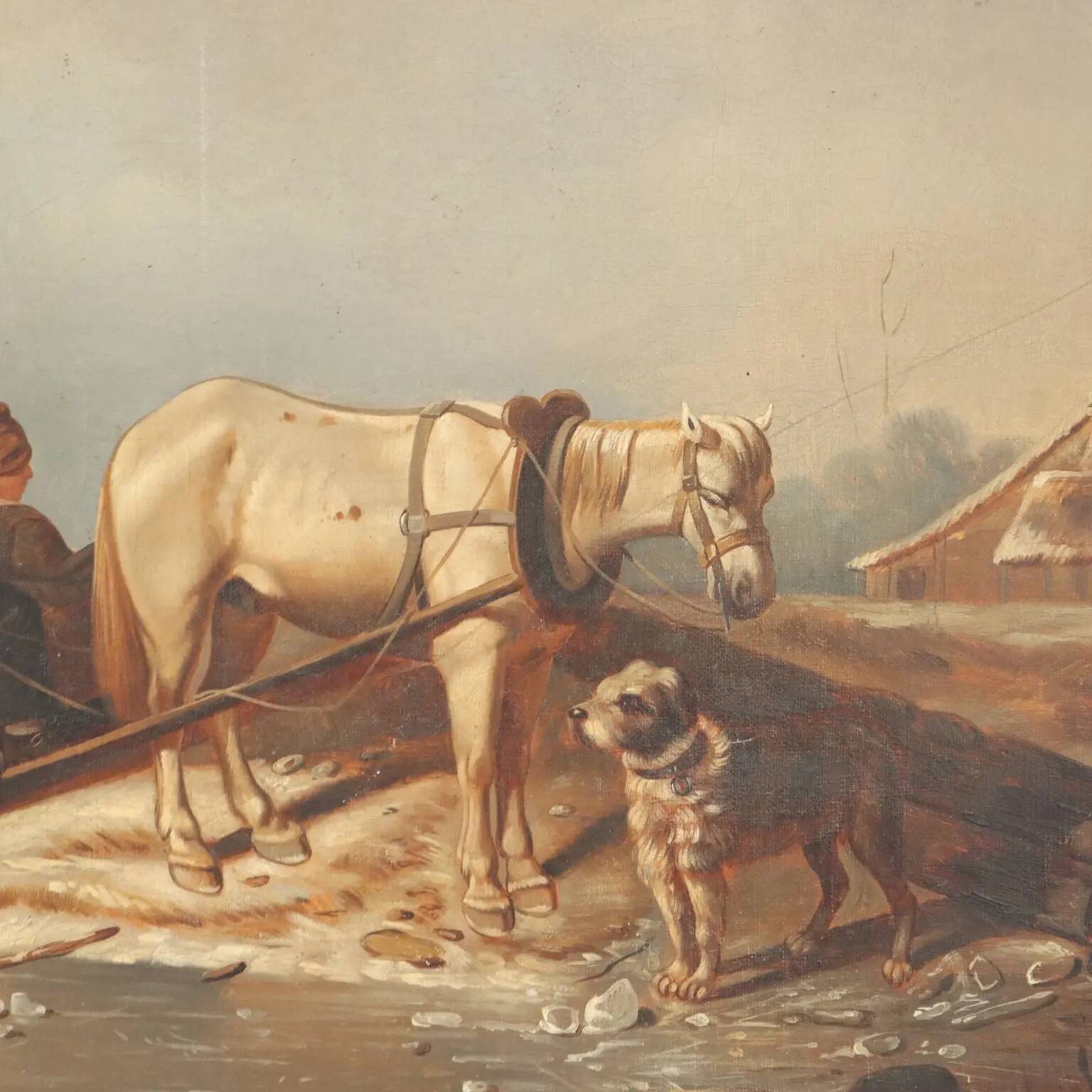 Ancient painting of a winter scene, oil on canvas, Northern Europe, 800s.