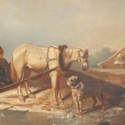 Ancient painting of a winter scene, oil on canvas, Northern Europe, 800s.