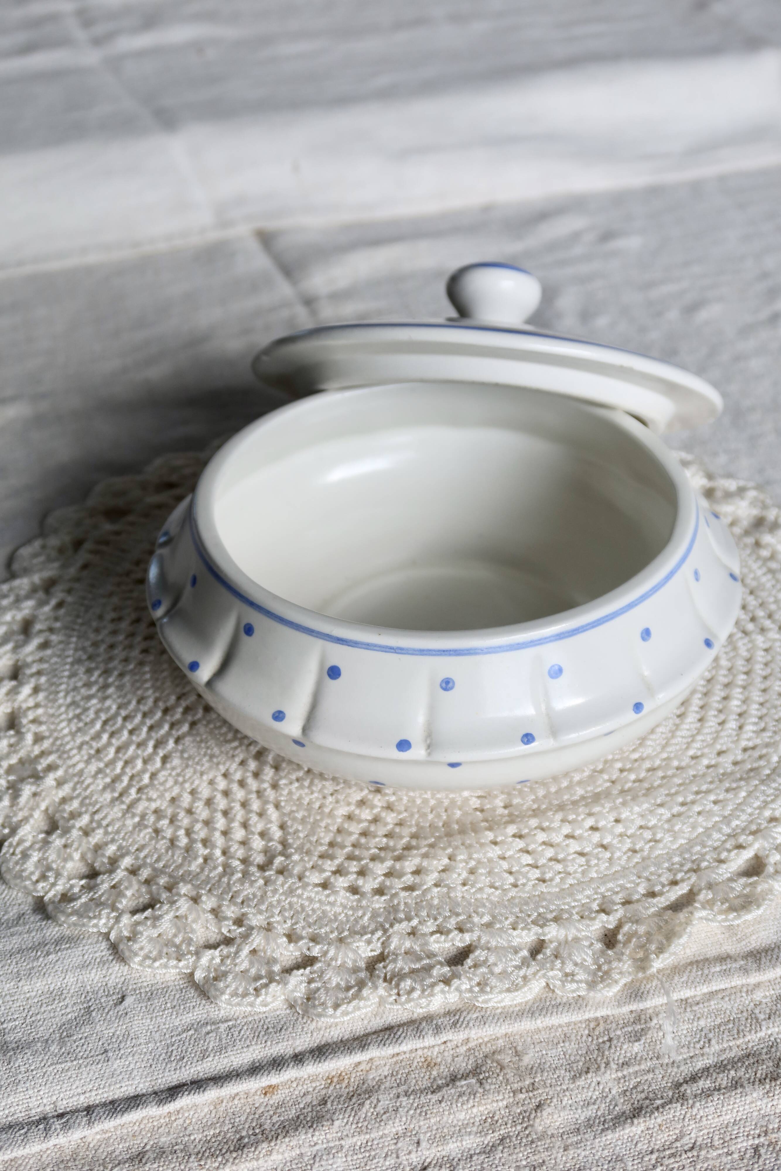 Vintage ivory earthenware candy box with blue polka dots