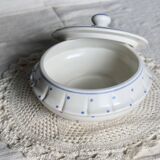 Vintage ivory earthenware candy box with blue polka dots