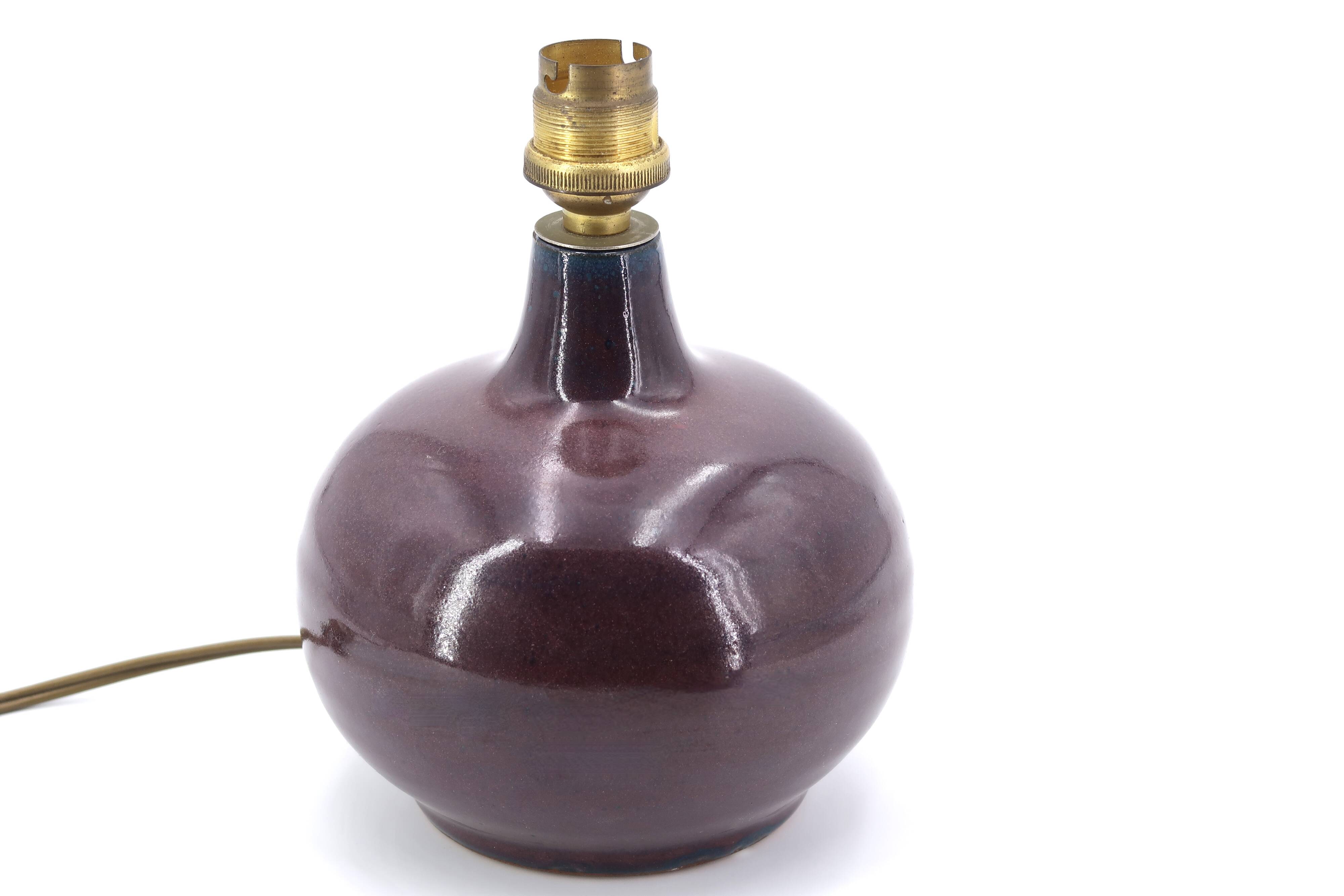 Purple ceramic lamp, silk lampshade, 70s