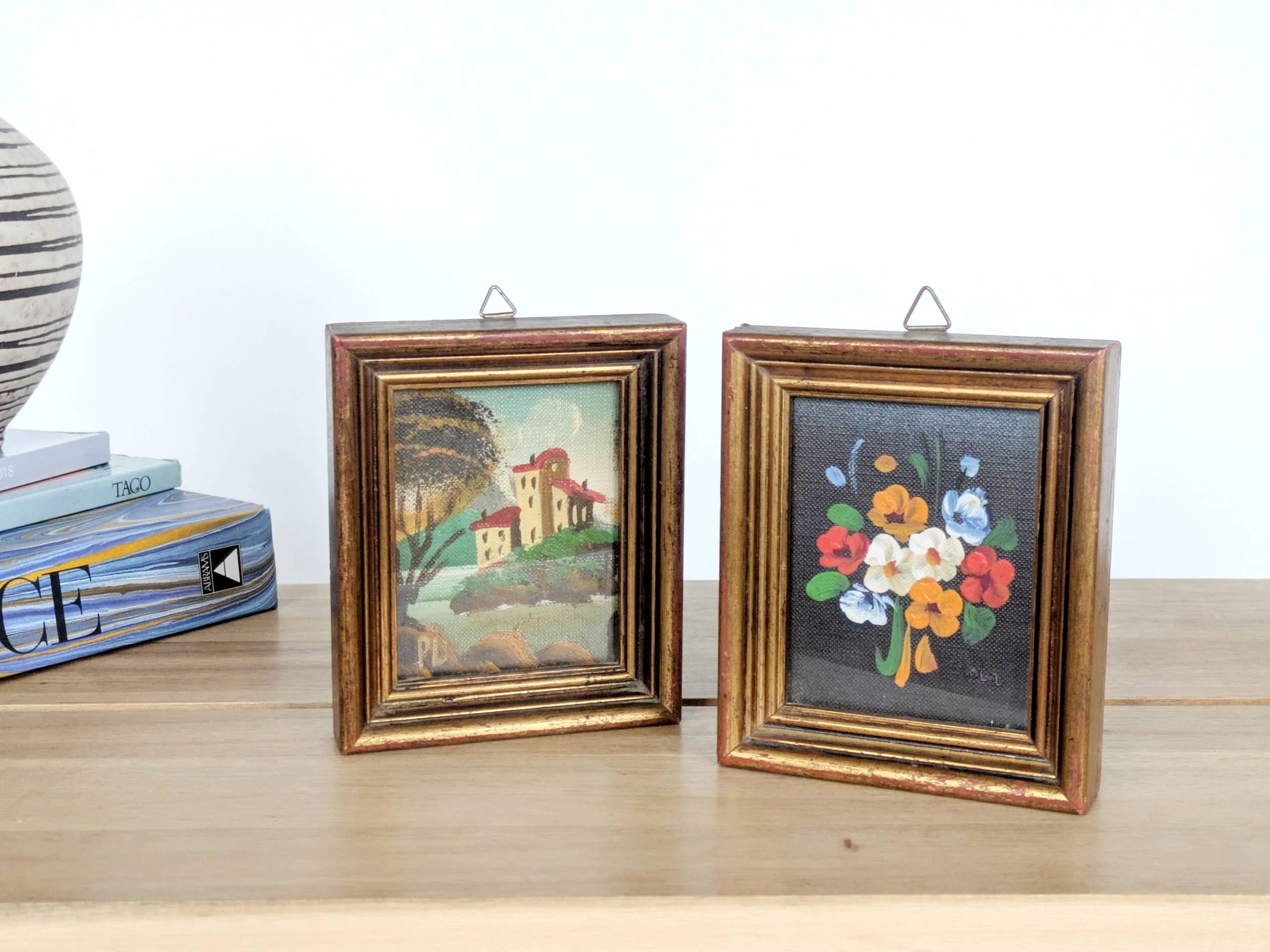 Pair of small Italian oil paintings, flowers and landscape.