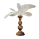 Table lamp, turned wooden foot, 8 rattan petals and golden mesh