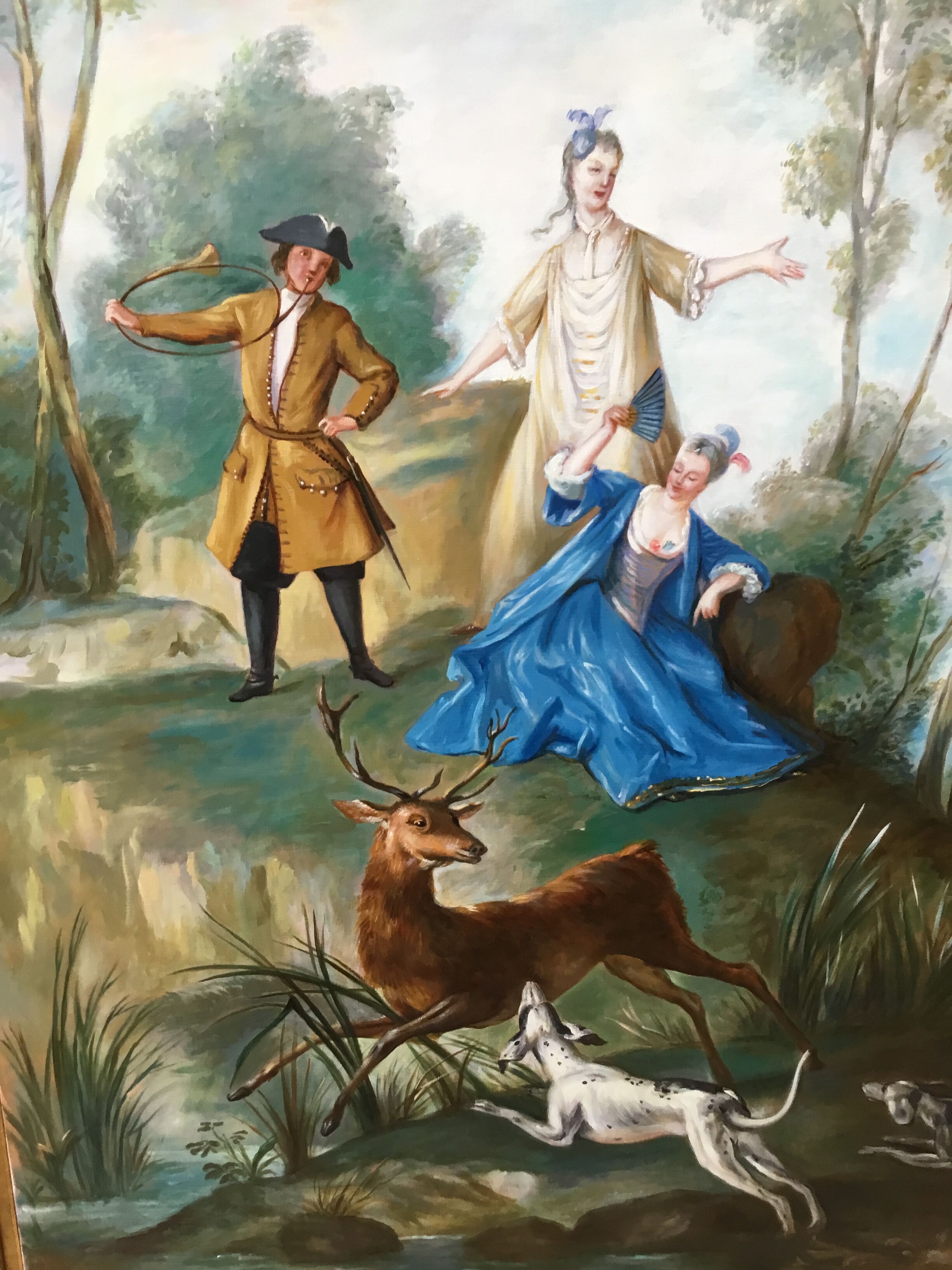 Large hunting painting after Oudry signed Dagher .oil on canvas framed