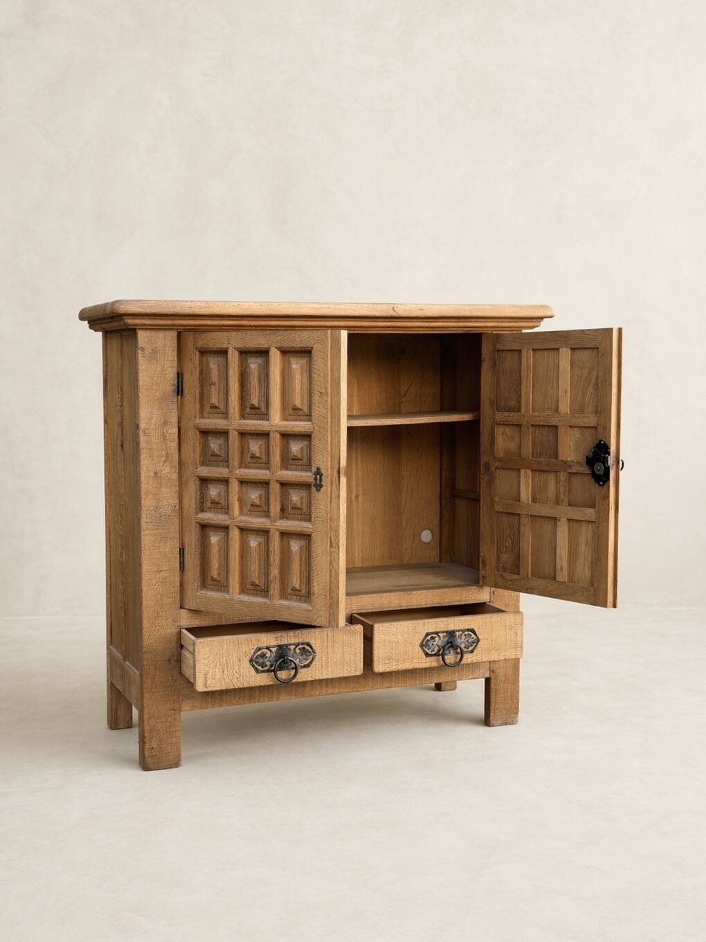 Solid oak buffet – Spanish brutalist style, 1960s