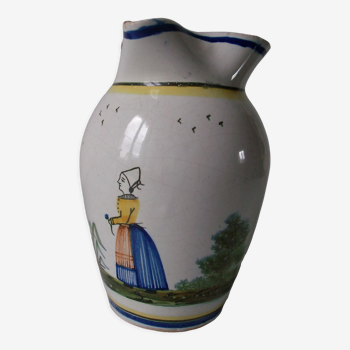 Old pitcher broc signed HB Quimper ceramic earthenware decoration Breton countryside