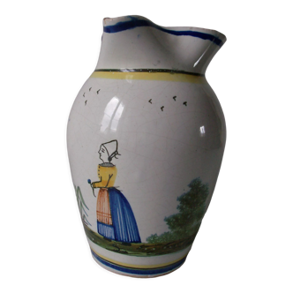 Old pitcher broc signed HB Quimper ceramic earthenware decoration Breton countryside