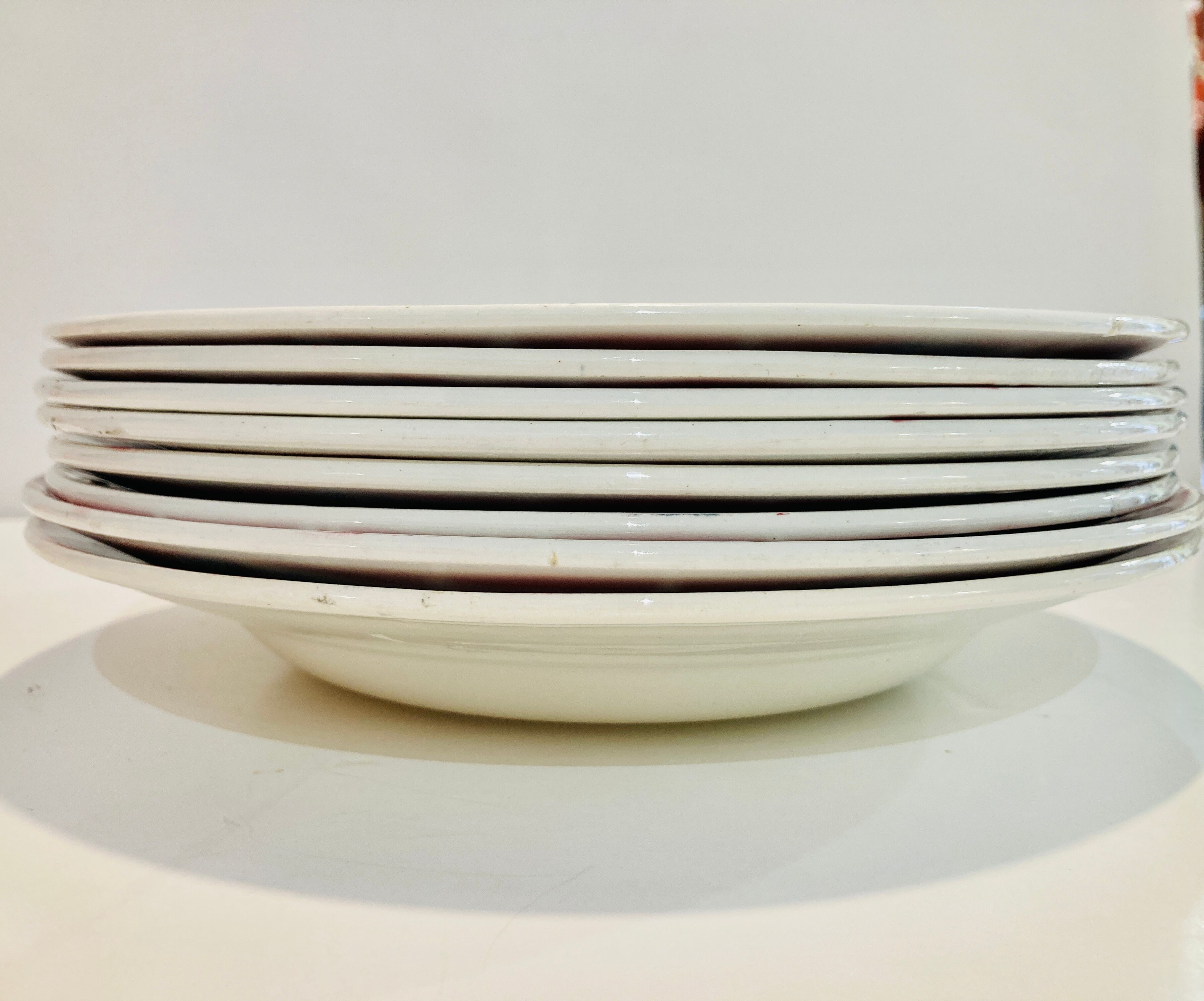 8 hollow plates ceranord st amand boulingrin pink and blue -vintage-kitchen-retro