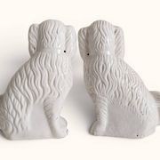 Pair of King Charles Spaniel dogs in Staffordshire majolica style.