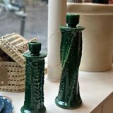 Large sculptural candle holder twist turned glazed ceramic Green prof