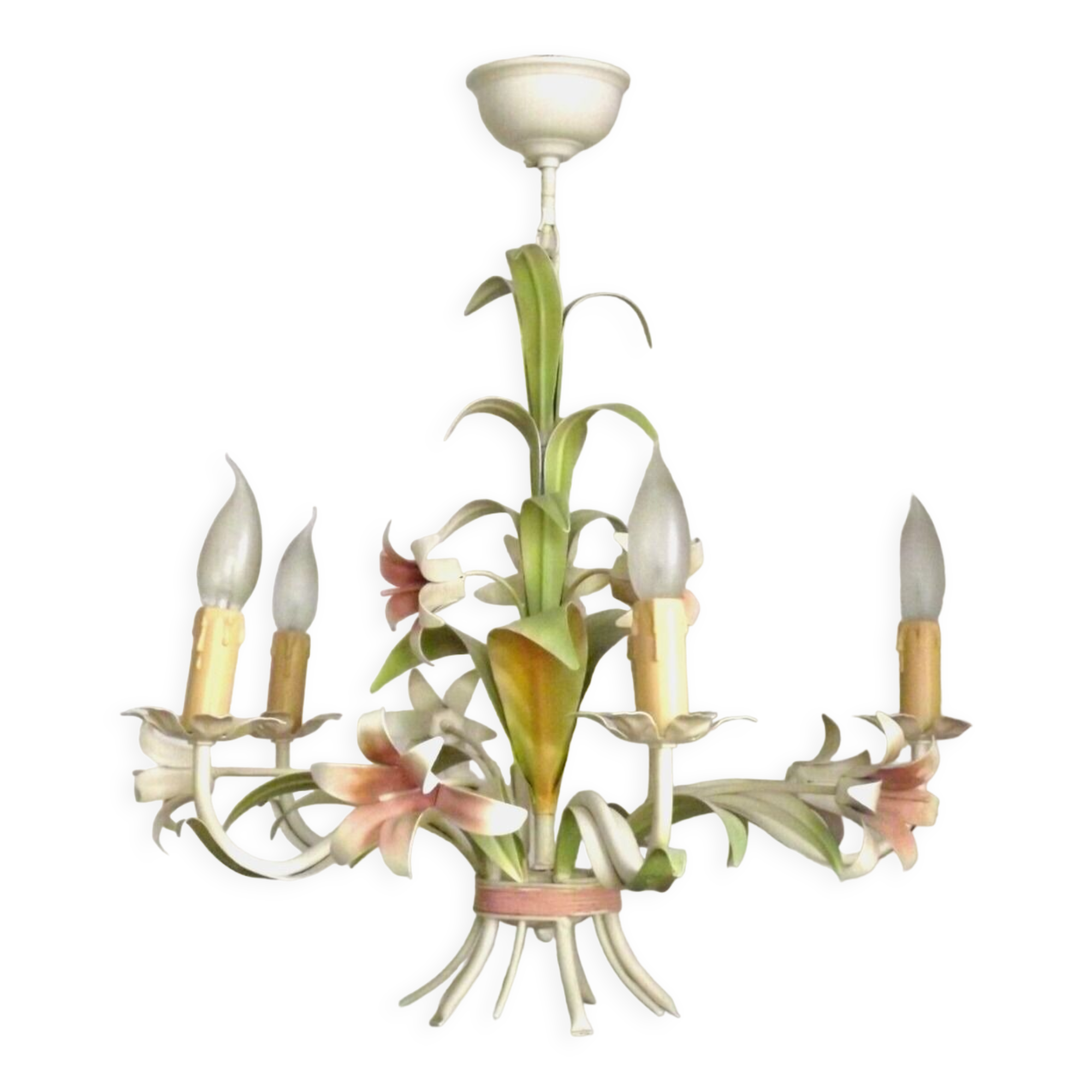 Vintage french 5 arm tied bouquet toleware chandelier pink lily flowers 4264