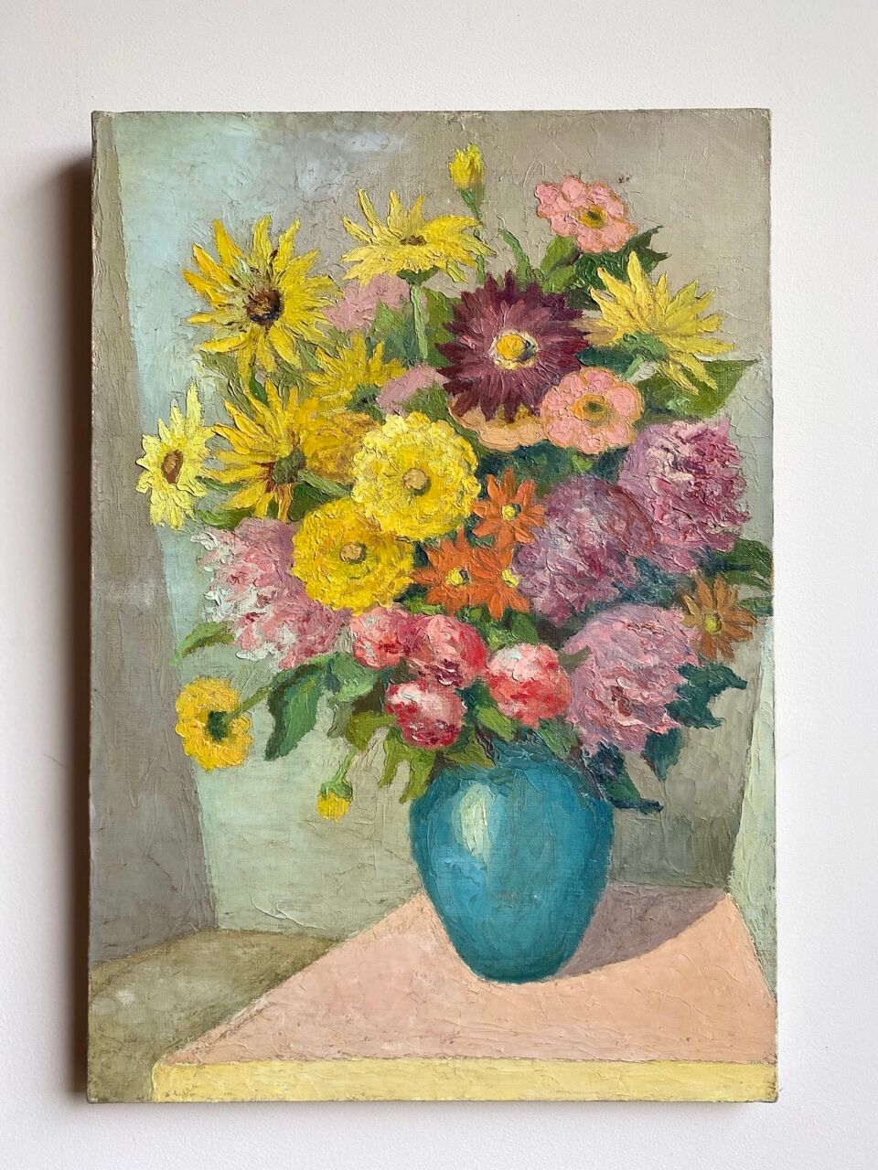 Antique painting, still life with blue vase and flowers, mid-20th century