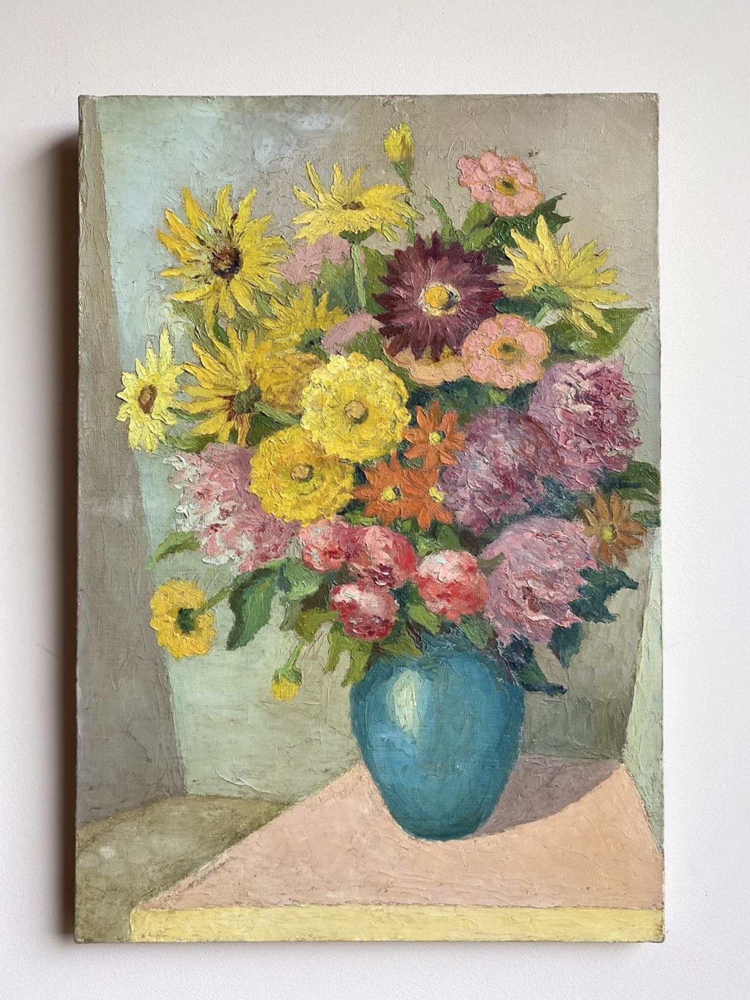 Antique painting, still life with blue vase and flowers, mid-20th century