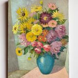 Antique painting, still life with blue vase and flowers, mid-20th century