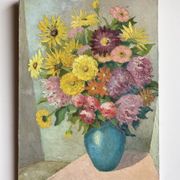 Antique painting, still life with blue vase and flowers, mid-20th century