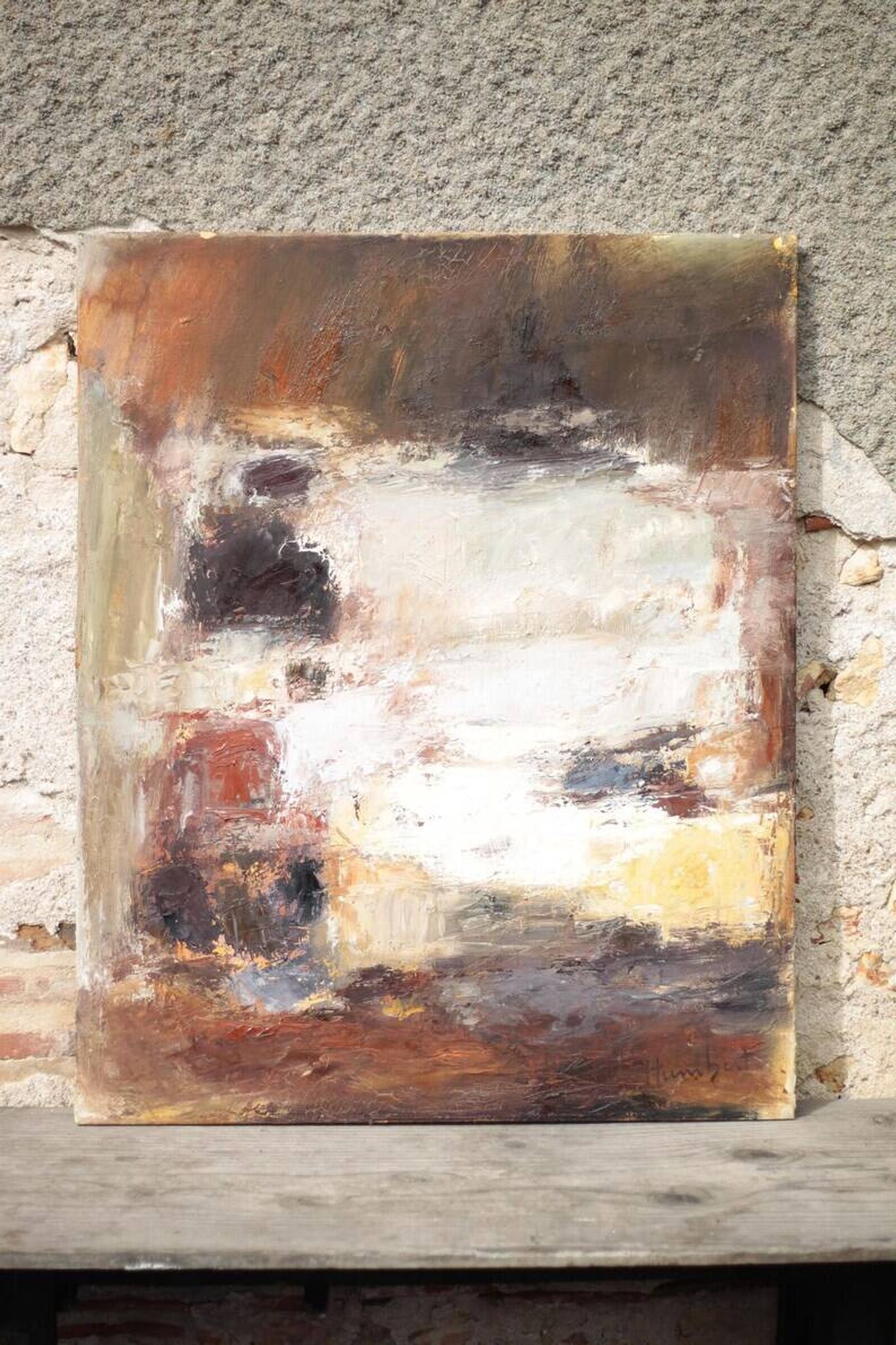 Oil on canvas signed Monique Humbert, abstract composition, wall painting, interior decoration.