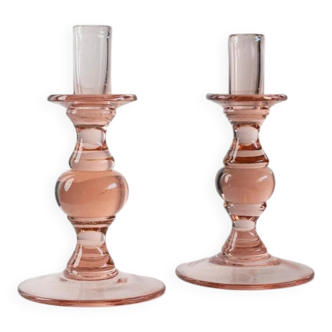 Rose Glass Candle Holders - Vintage Italy 1980s Ball Design, Set of 2