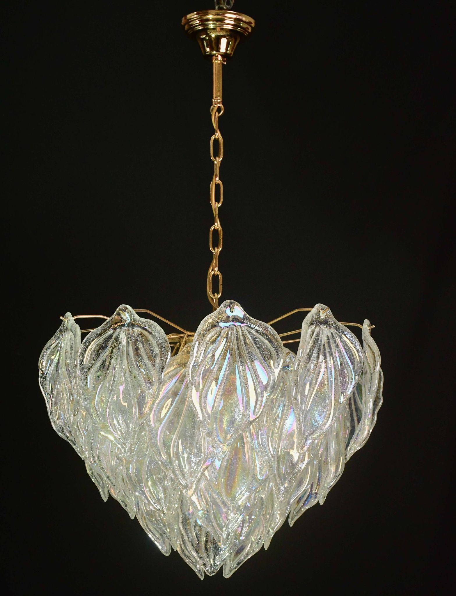 Superbe grand lustre en verre de Murano avec feuilles arc-en-ciel