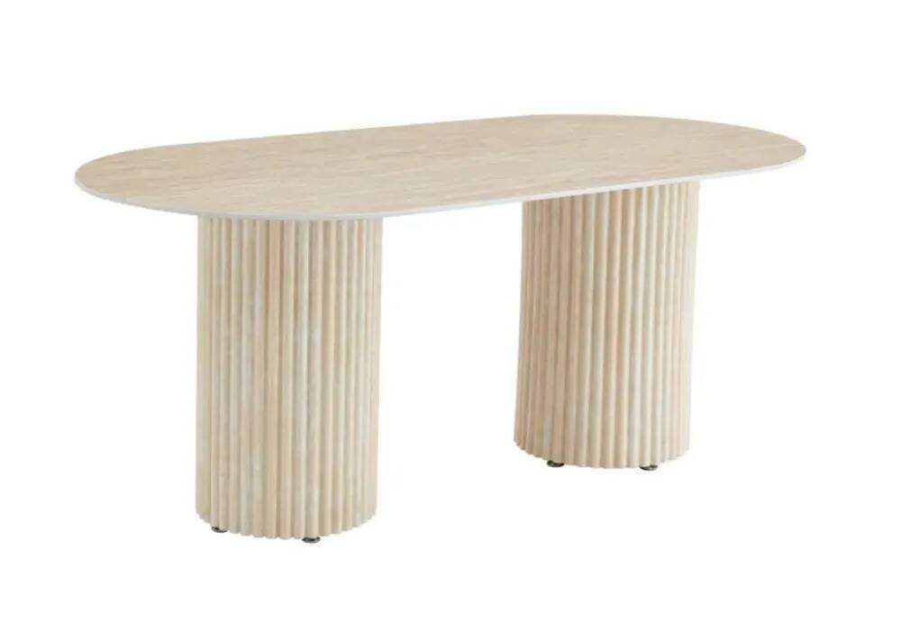 Keysha designer dining table with a glossy travertine ceramic top.