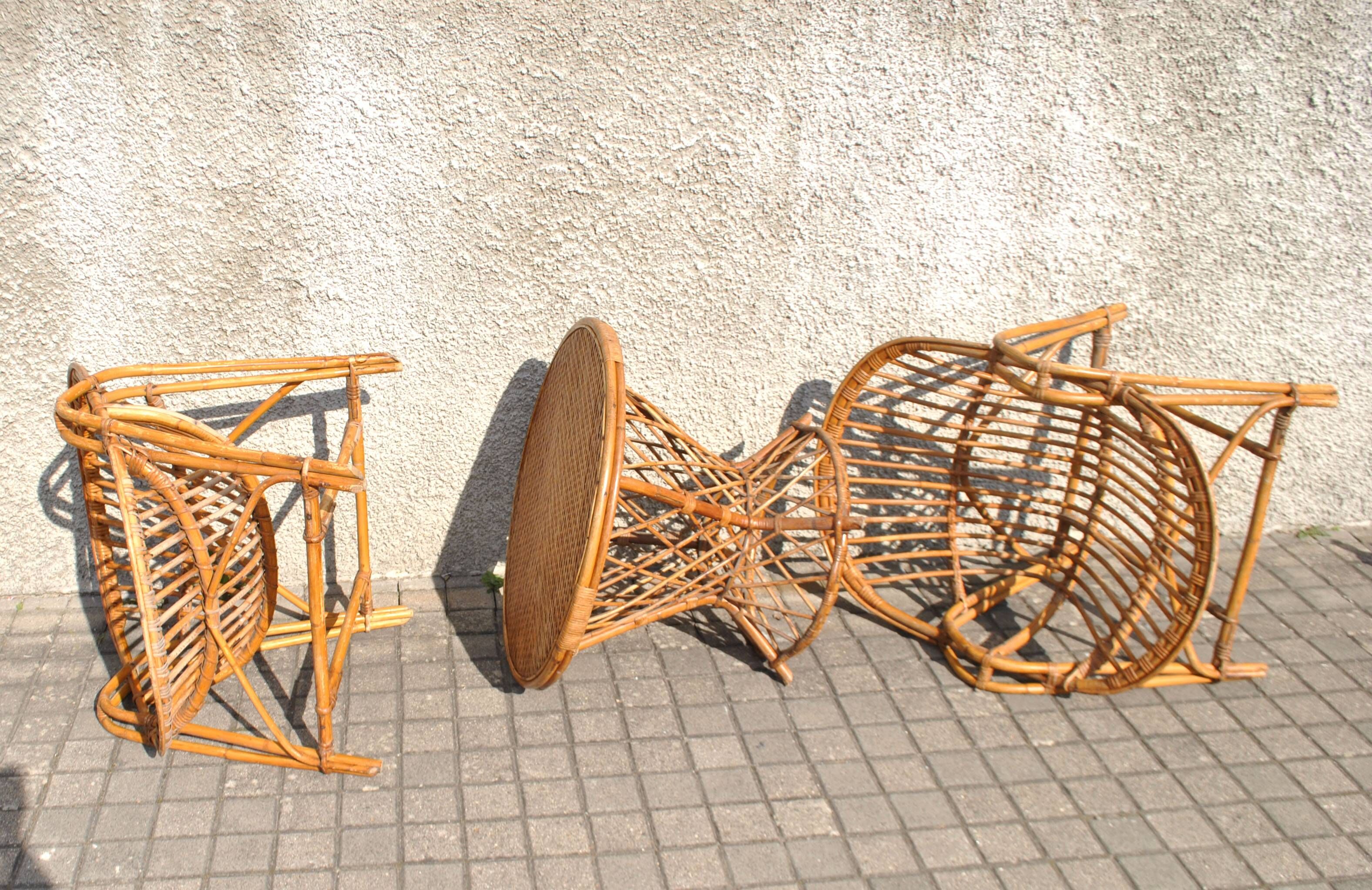 Vintage balcony garden furniture armchairs and table bamboo and rattan 1960