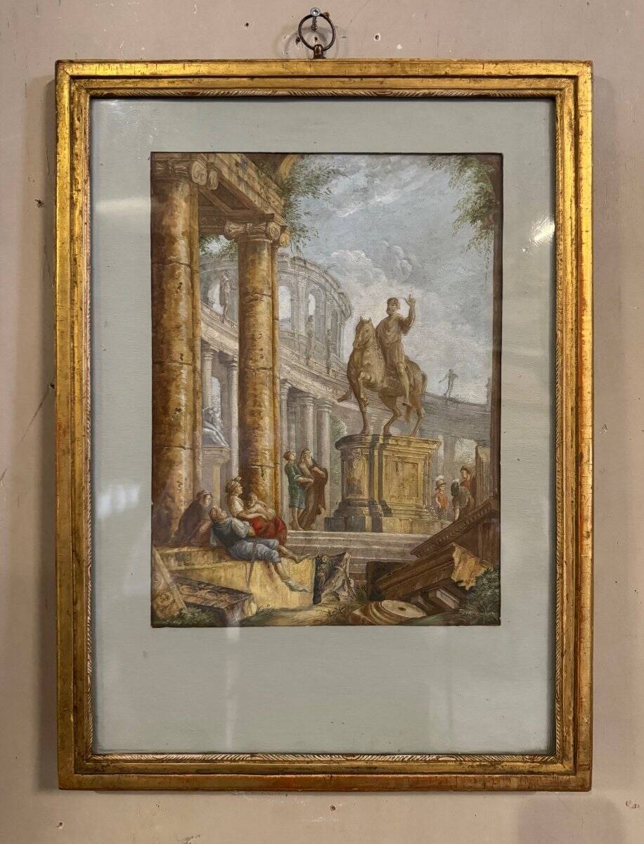 Watercolor on orchard paper, animated ruins with equestrian statue, 18th century