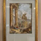 Watercolor on orchard paper, animated ruins with equestrian statue, 18th century