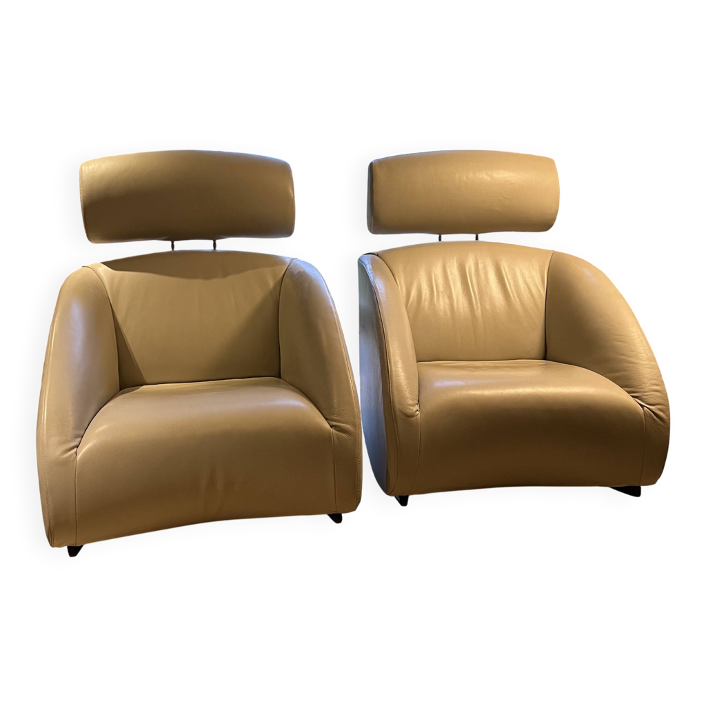 1 lot de 2 fauteuils Mama Baleri Italia en cuir beige | Selency