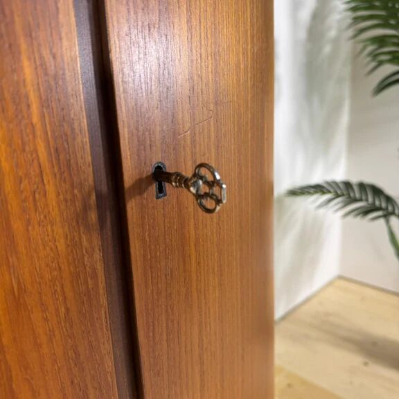 Mid-century modern corner furniture in teak with doors.