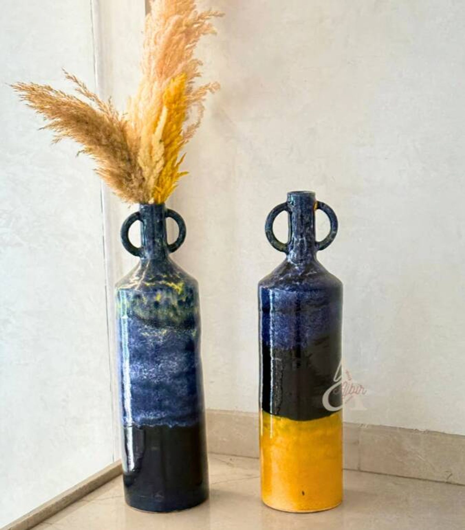 Large Moroccan Artisanal Vase in Majorelle Blue and Mustard Yellow