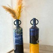 Large Moroccan Artisanal Vase in Majorelle Blue and Mustard Yellow