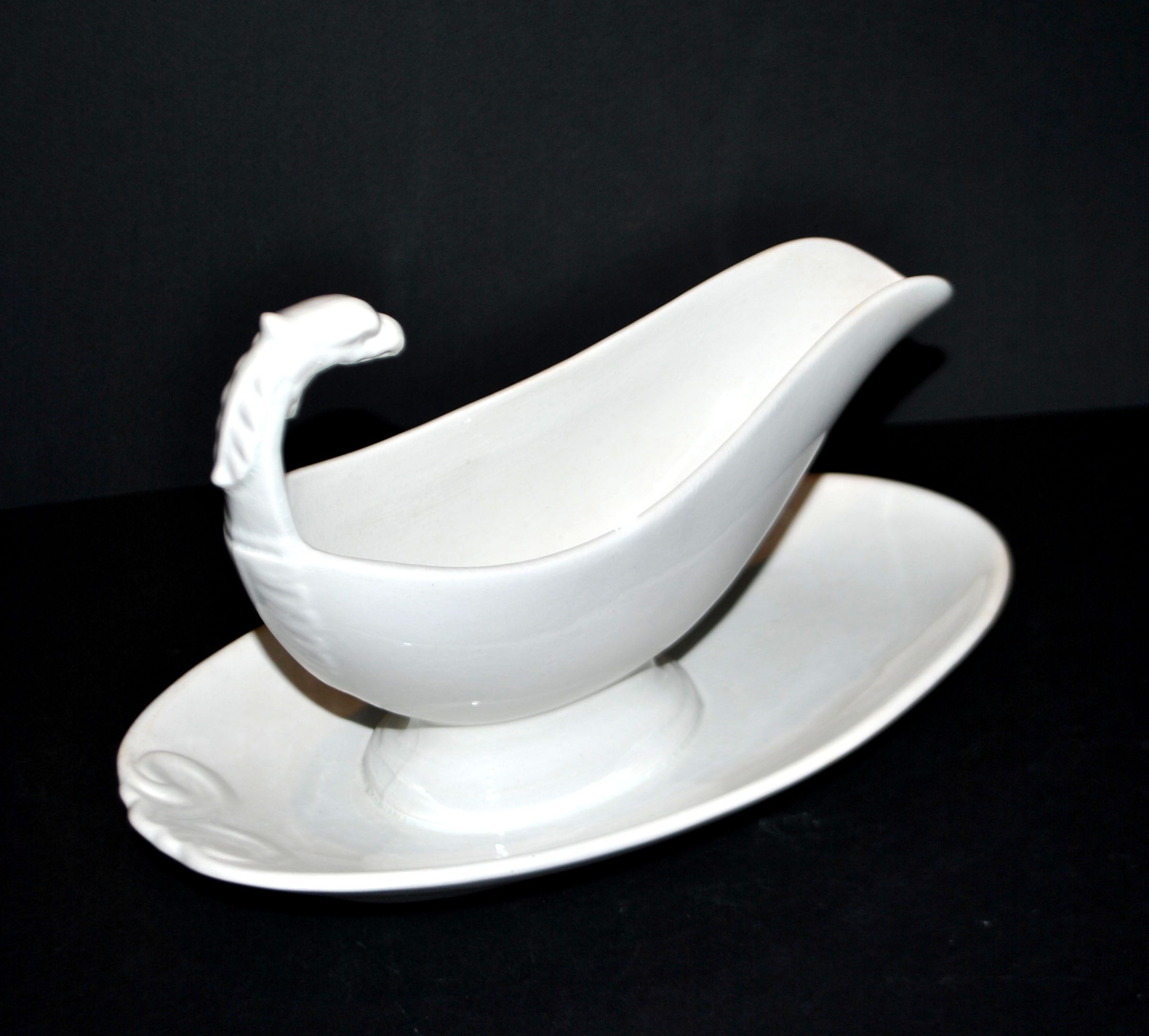 Sarreguemines antique earthenware sauce boat U&C opaque eagle's head