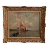 Oil on canvas by Ernest Vauthrin (1878-1949) boats in Brittany