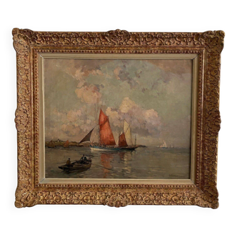 Oil on canvas by Ernest Vauthrin (1878-1949) boats in Brittany