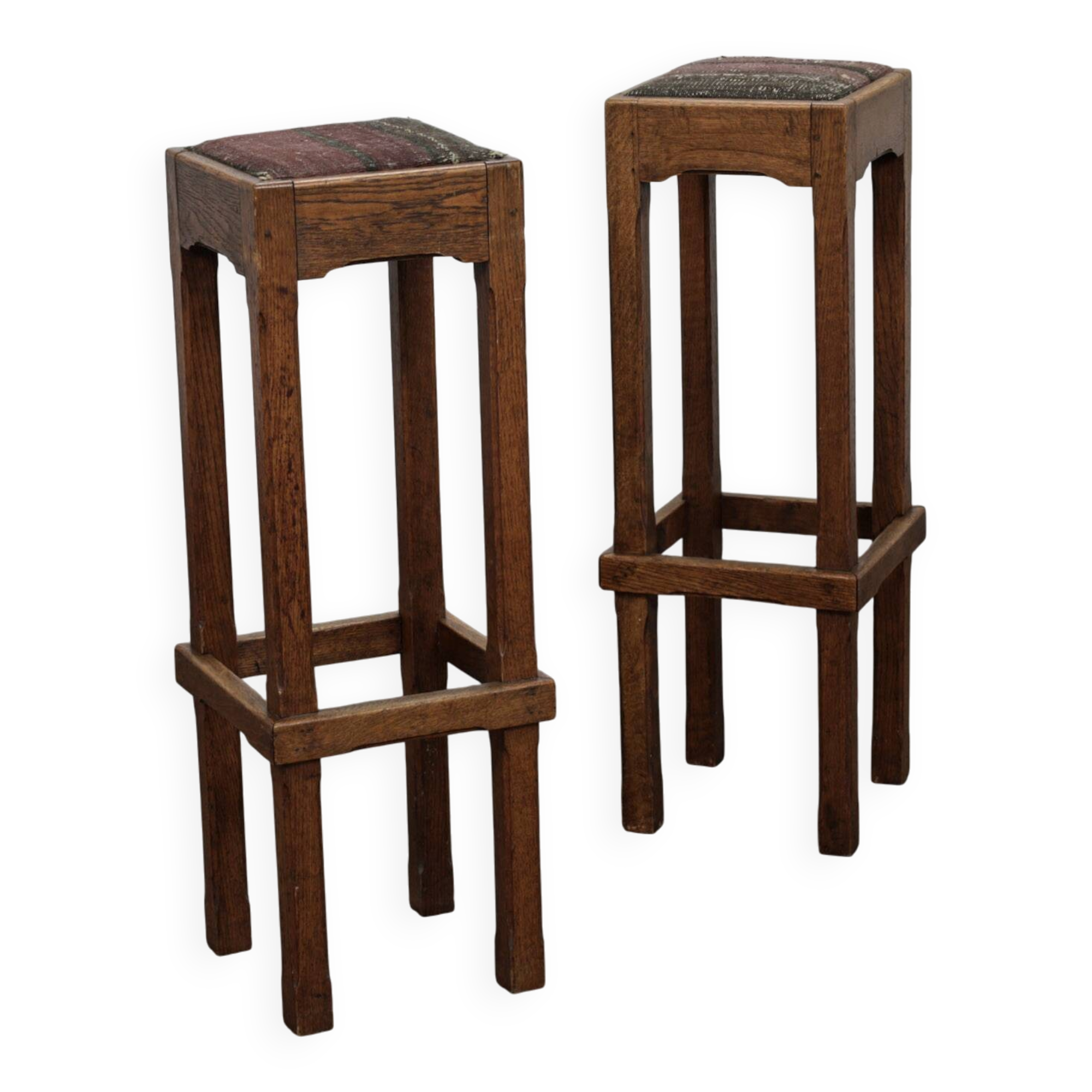 Pair of Dutch Art Deco oak bar stools with upholstered seats, 1930s