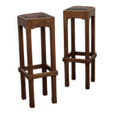 Pair of Dutch Art Deco oak bar stools with upholstered seats, 1930s