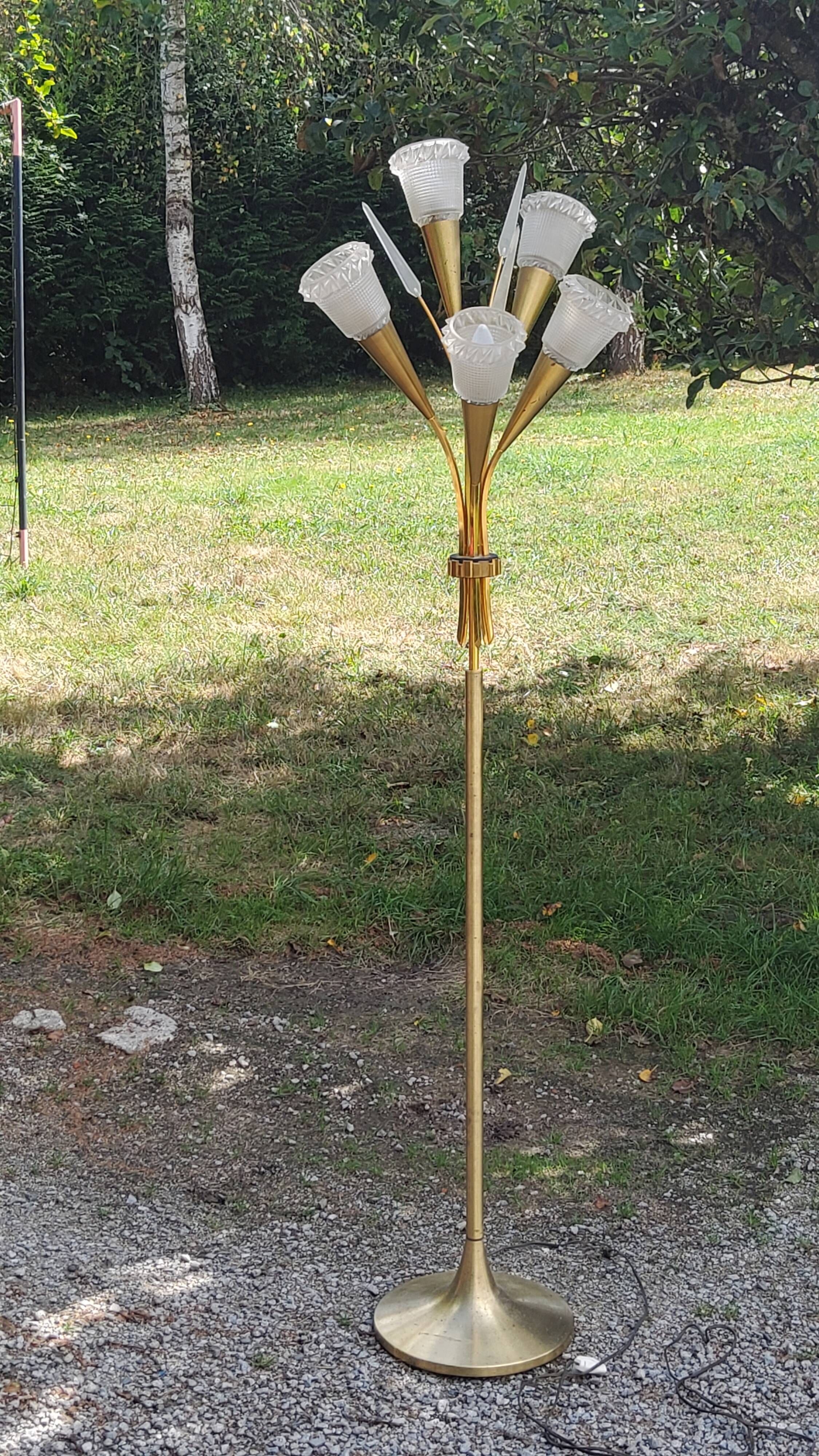 Vintage floor lamp in gilded brass with 5 glass tulips from the 50s