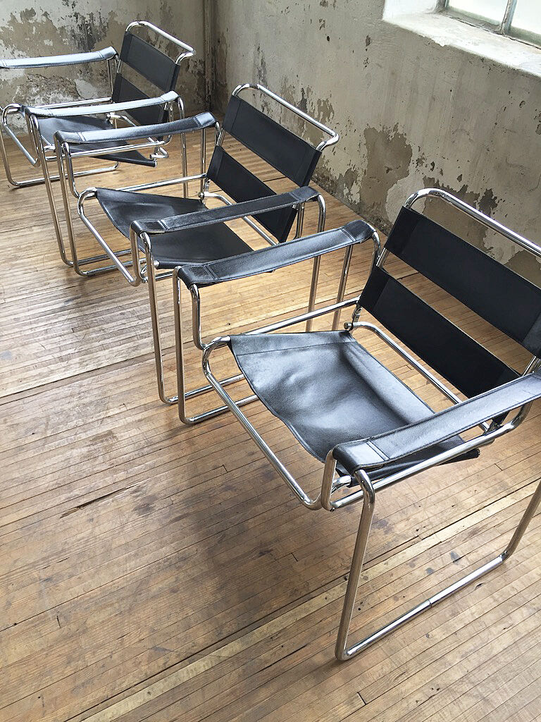Bauhaus modernist leather chrome armchairs
