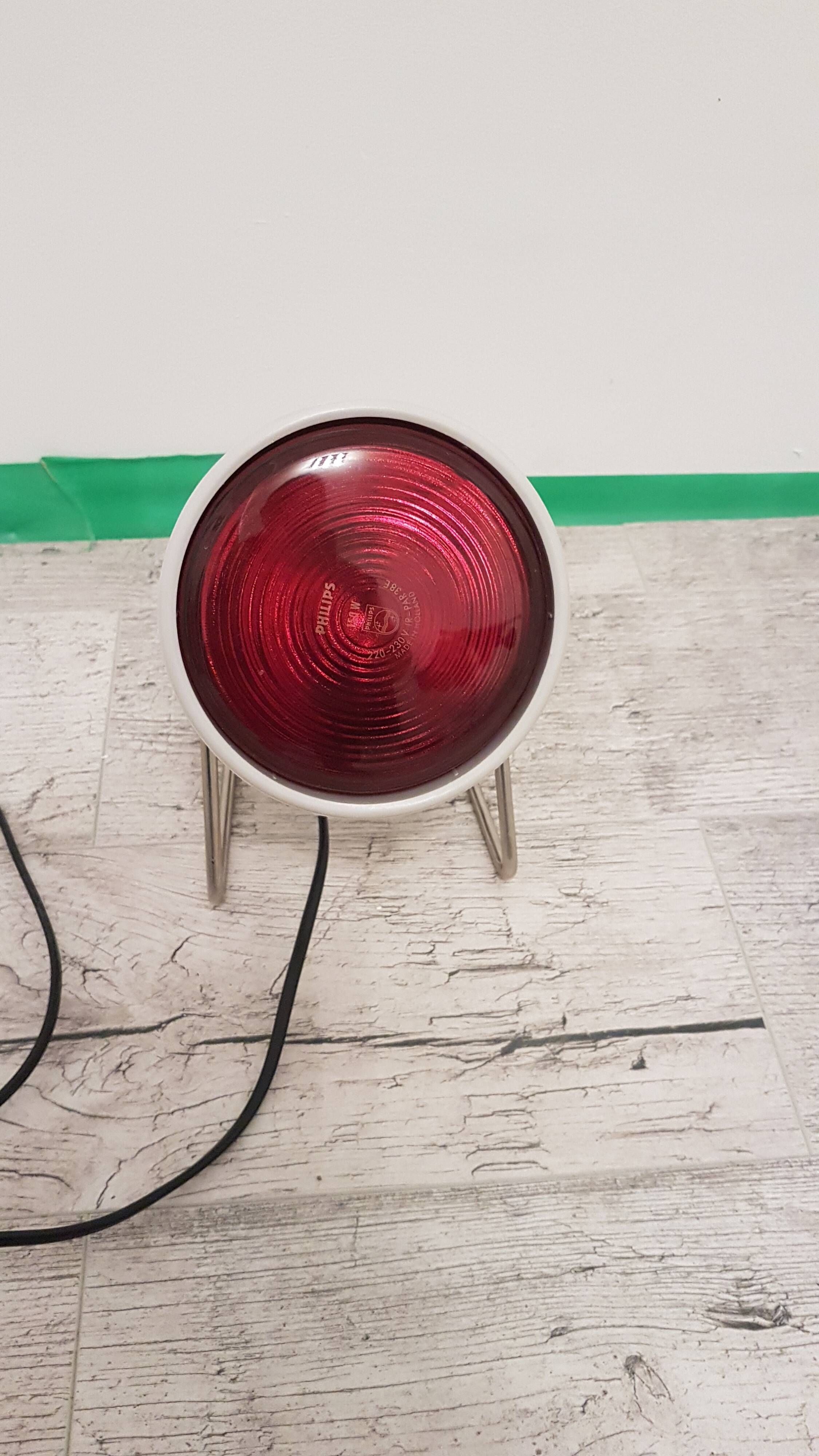 Space Age desk lamp, white metal, chrome-plated steel, red glass, Germany,