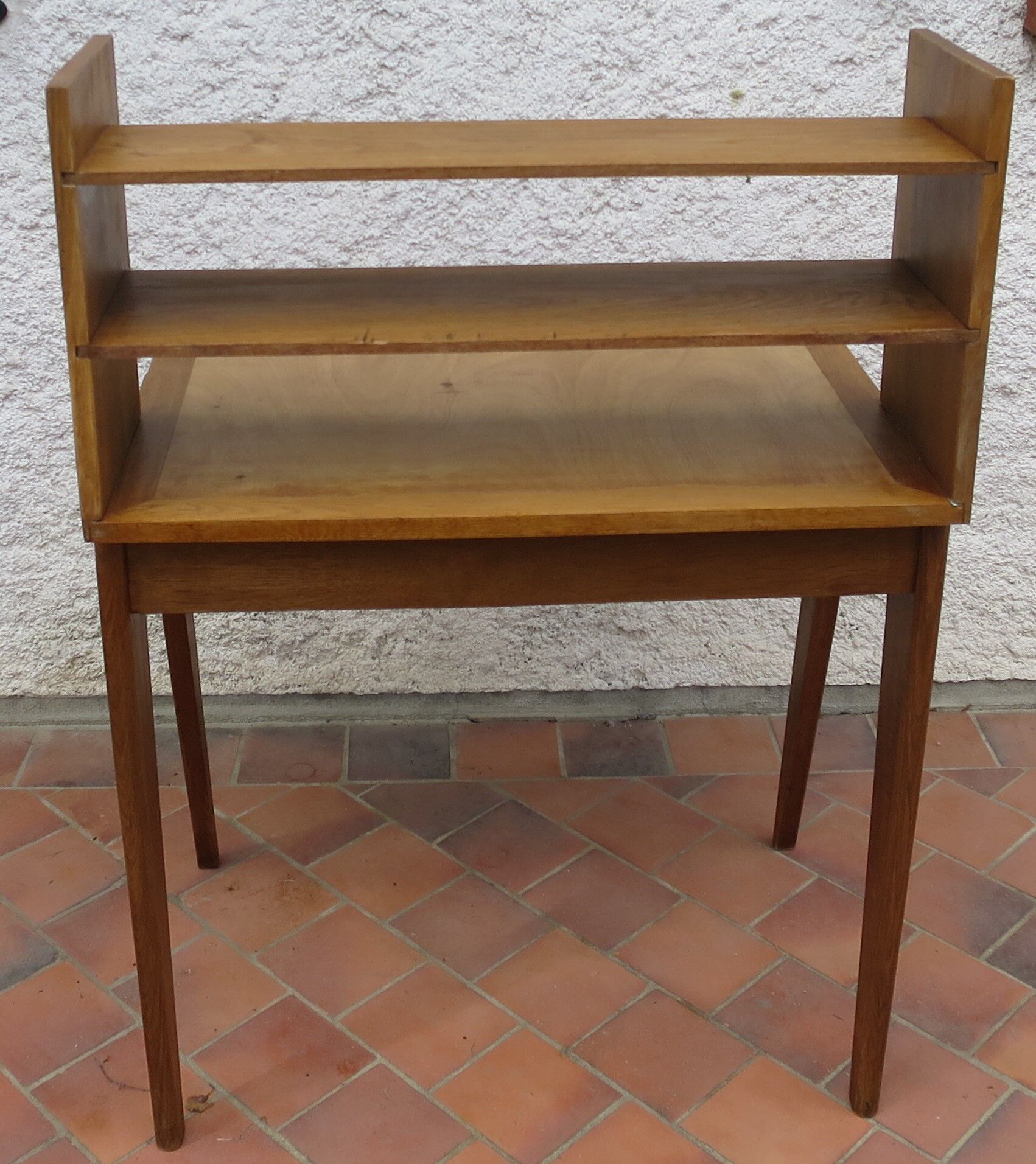 Bureau vintage pieds compas bois massif étagères