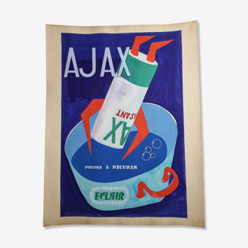 Affiche publicitaire vintage, "Lessive Ajax", années 50-60 peinte à la main