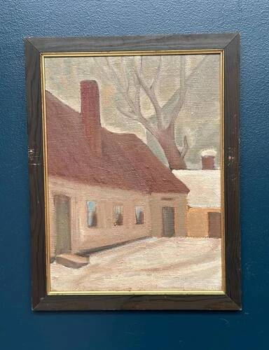 Original Swedish Oil on Canvas “House” by Unknown Artist Vintage & Framed