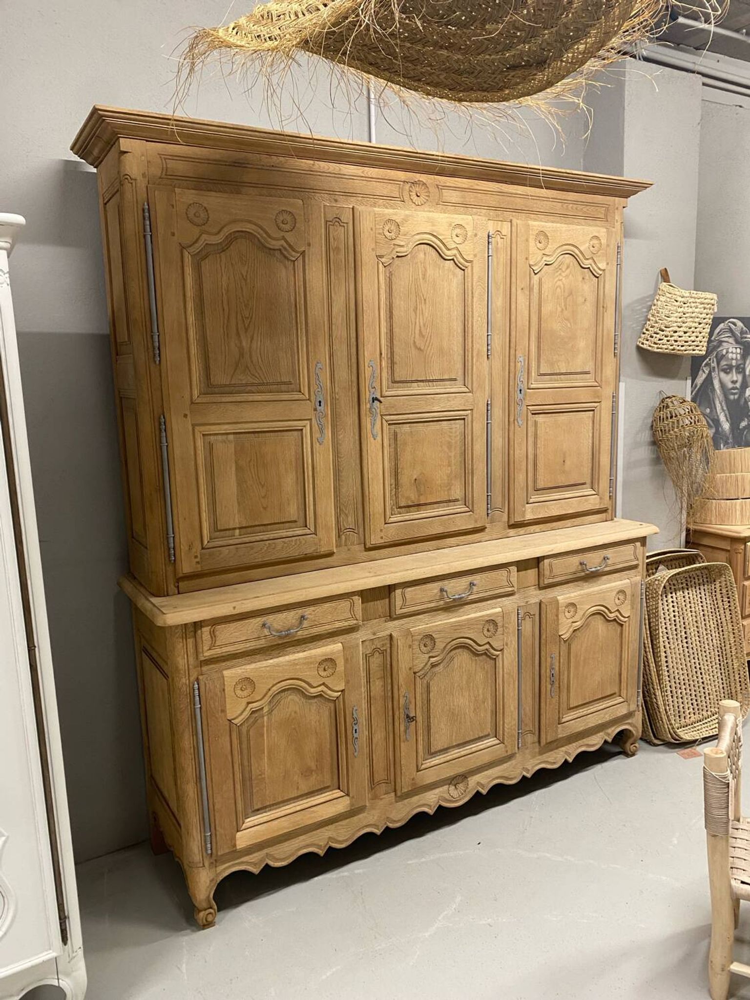 Louis XV style two-part buffet in raw wood