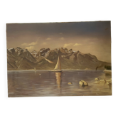Tableau Peinture Huile Toile Paysage Montagne Lac Suisse Signé Veillon