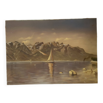 Oil Painting Canvas Landscape Mountain Lake Switzerland Signed Veillon